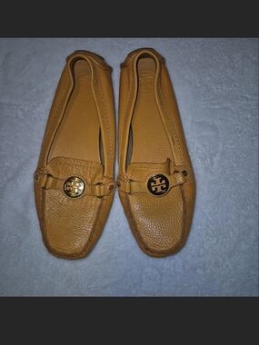 Tory Burch Mustard Leather Driving Loafers with Logo Medallion